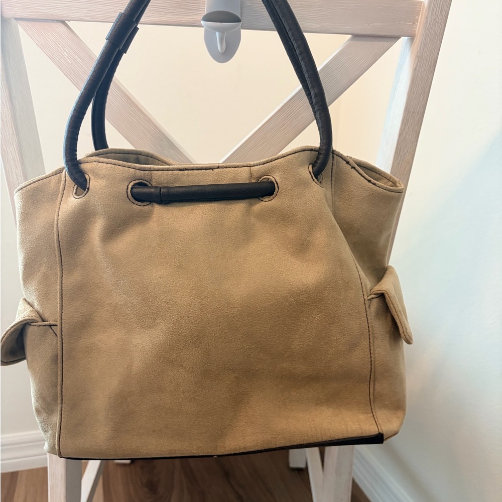 Beige Khaki Tan & Brown Faux Suede Handled Handbag Purse Shoulder Bag